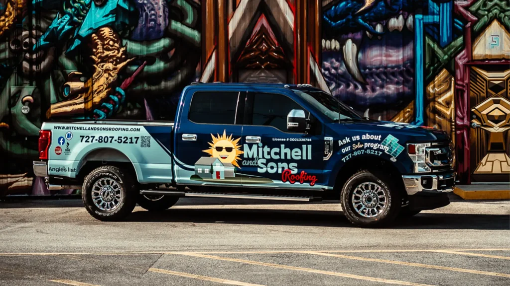 Vehicle graphics for a commercial fleet wrap on a Ford F150.