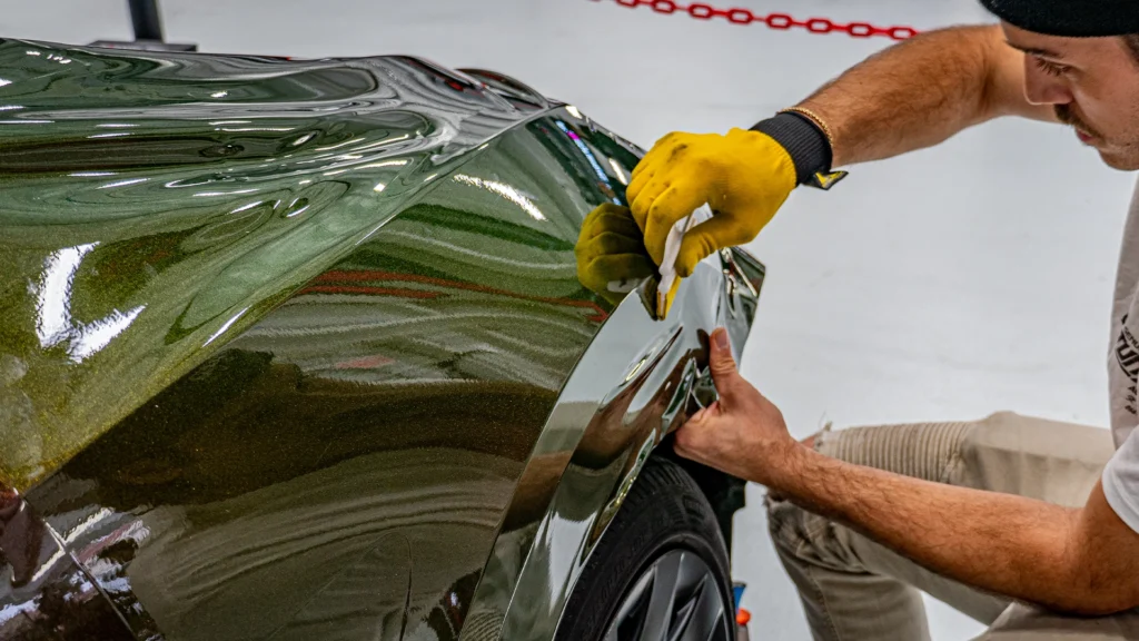 Vehicle wrapping being performed at Stunzeed Auto Stylez.